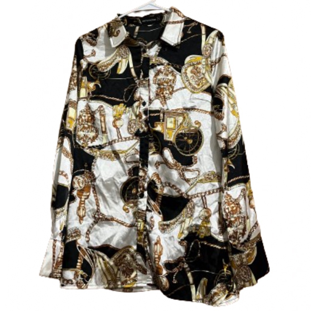 PrettyLittleThing Women’s Multi Royal Print Satin Button Down Top Sz-4